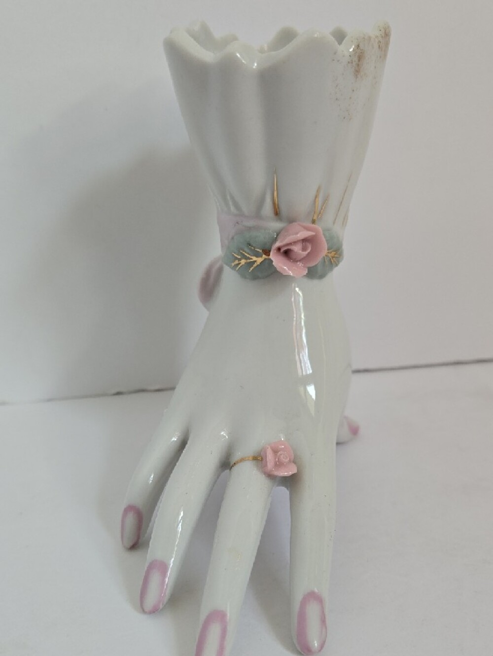 Vintage Hand Vase Pink Roses 4¾ Inch x 4½" Inch Made In Japan - Picture 5 of 16